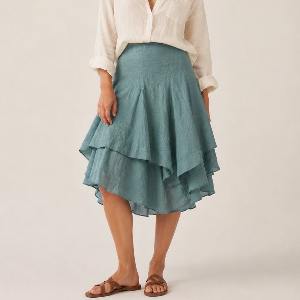 Garnet Hill 100% Linen Tiered Handkerchief Midi Skirt Sage Green 2 Coastal Beach